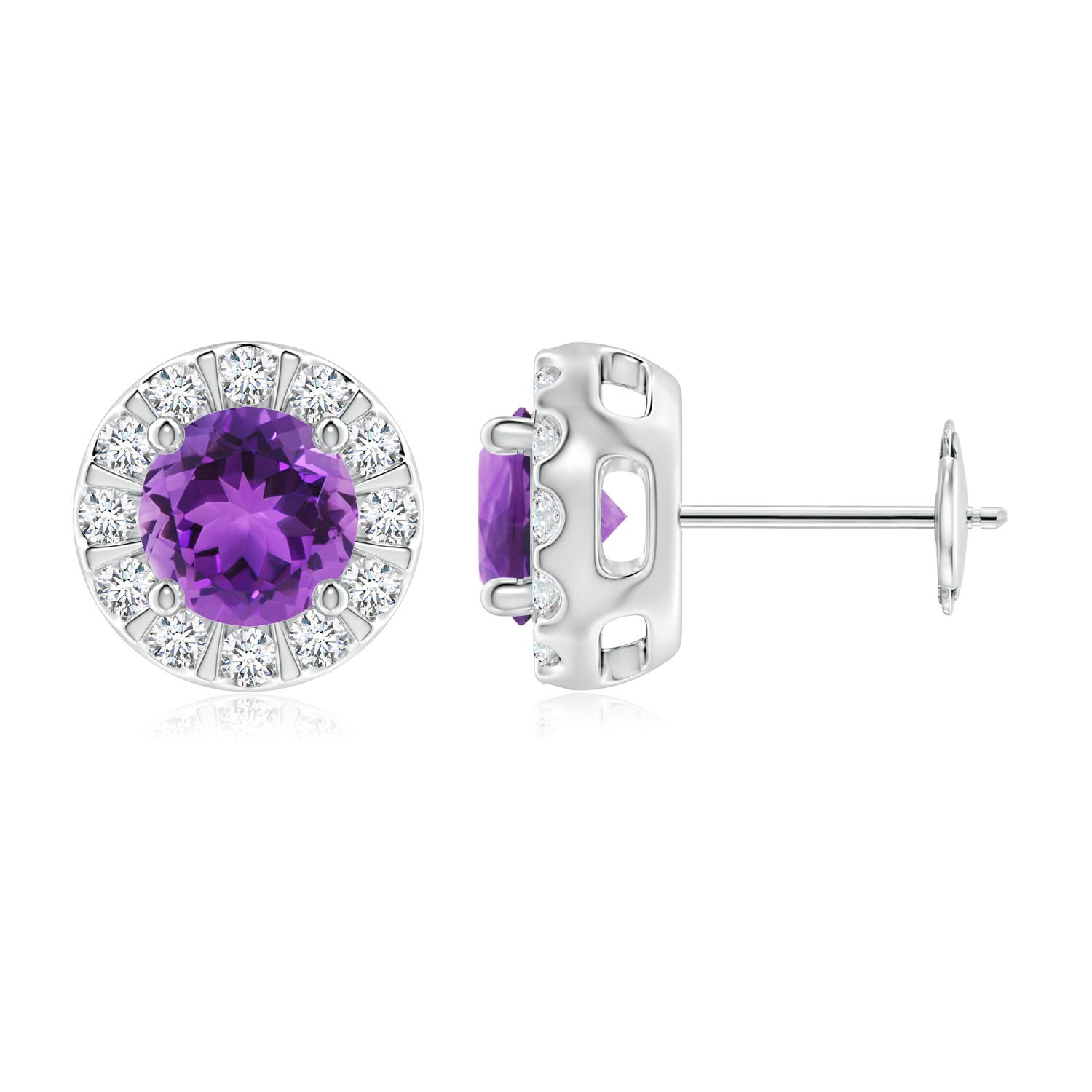 Amethyst Stud Earrings with BarSet Diamond Halo Angara Canada