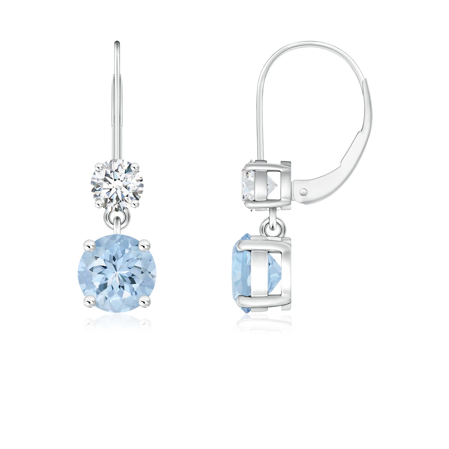 Round Aquamarine Leverback Dangle Earrings with Diamond Angara