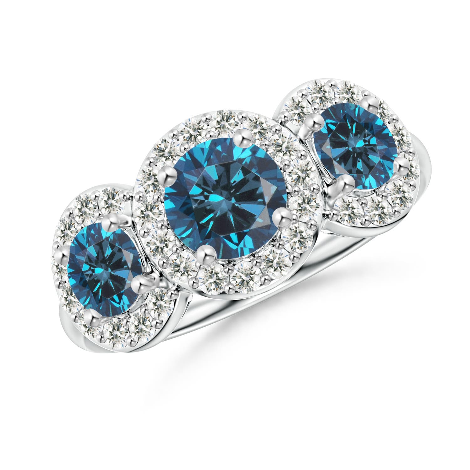 Three Stone Blue Diamond Engagement Ring with Halo Angara