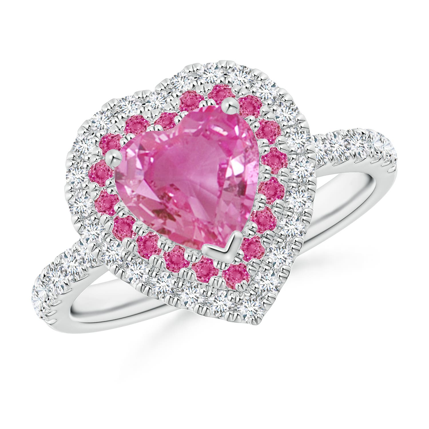 1.5 carats Heart-shaped Pink Sapphire Ring with Double Halo in 14ct Two Tone Gold | Prong Set 7mm Pink Sapphire