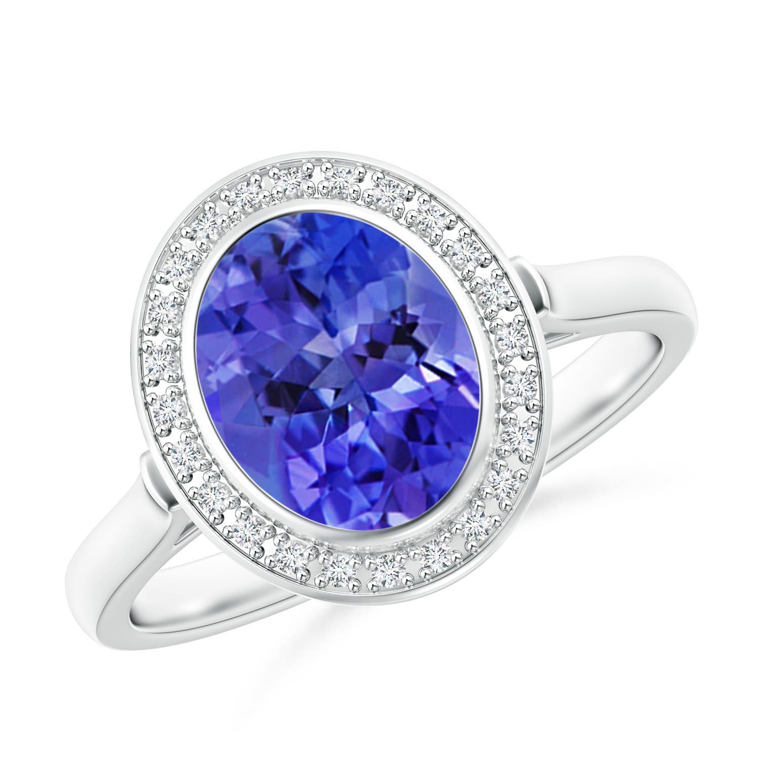 BezelSet Oval Tanzanite Ring with Diamond Halo Angara UK
