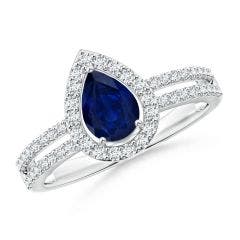 Pear Blue Sapphire and Diamond Halo Split Shank Ring