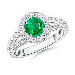 Round Emerald Split Shank Ring with Diamond Halo