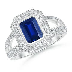 Vintage Style Emerald-Cut Blue Sapphire Split Shank Halo Ring