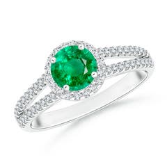 Twin Shank Emerald Halo Ring with Diamond Accents