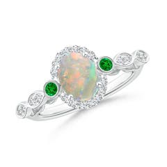 Vintage Oval Opal and Diamond Halo Ring with Bezel Emerald