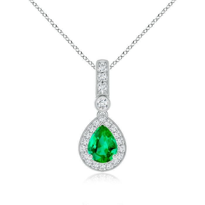 Pear Shaped Emerald And Pavé Diamond Halo Pendant Angara - Green Emerald Diamond Halo Pendant Pear Shaped Emerald And Pavé Diamond Halo Pendant Angara - Green Emerald Diamond Halo Pendant