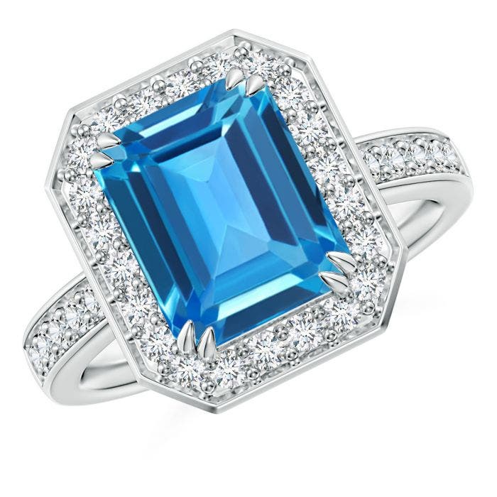 Emerald Cut Swiss Blue Topaz Engagement Ring With Diamonds Angara