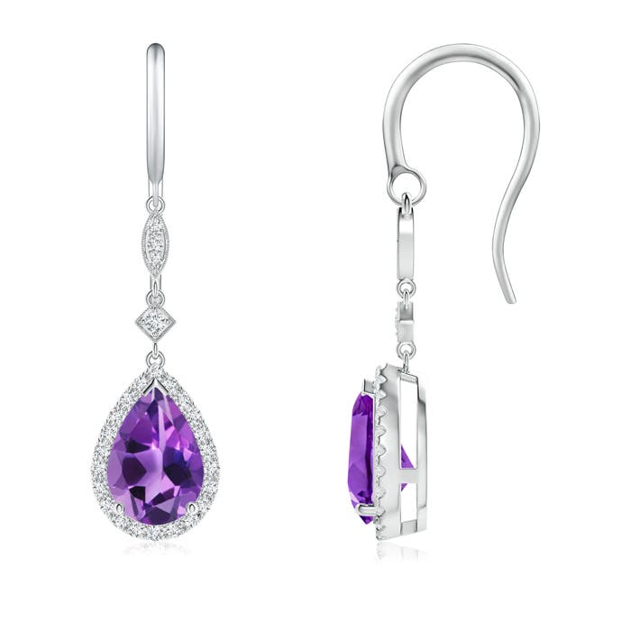 Pear Shaped Amethyst Drop Earrings With Diamond Halo Angara Product