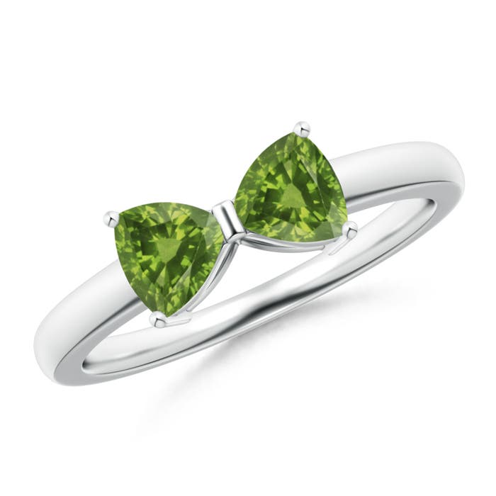 Two Stone Trillion Peridot Bow Tie Ring Angara Two Stone Trillion Peridot Bow Tie Ring