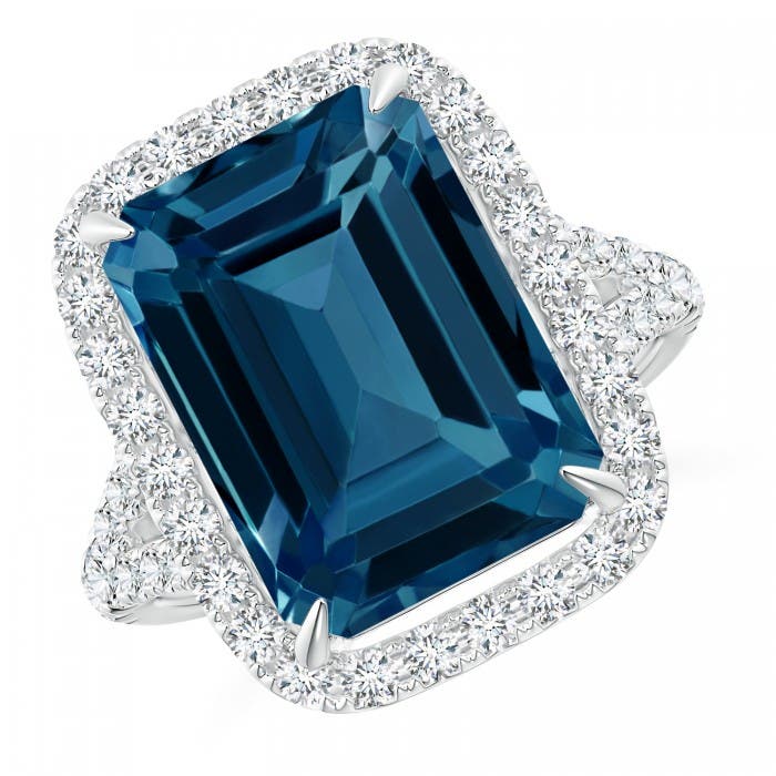 Emerald Cut London Blue Topaz Halo Ring With Pavé Diamonds Angara Emerald Cut London Blue Topaz Halo Ring