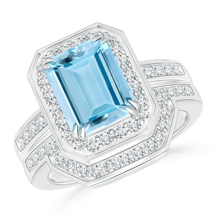 Emerald Cut Aquamarine Bridal Ring Set With Diamond Band Angara