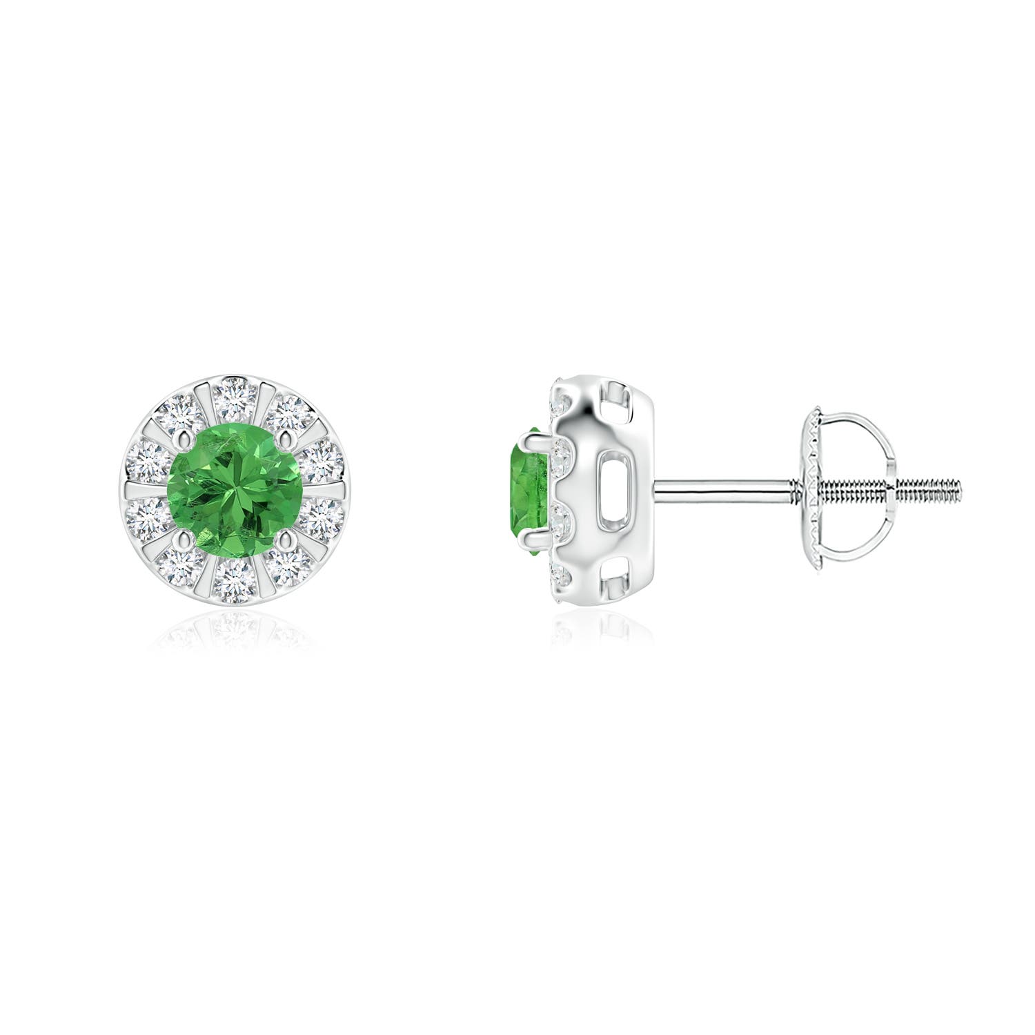 Tsavorite Stud Earrings with Bar-Set Diamond Halo
