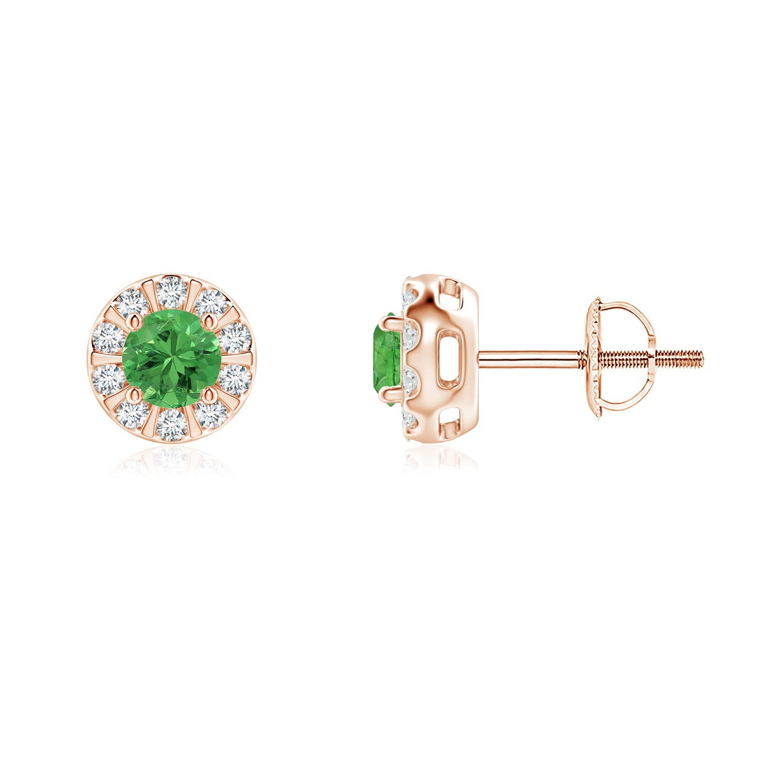 Tsavorite Stud Earrings with Bar-Set Diamond Halo