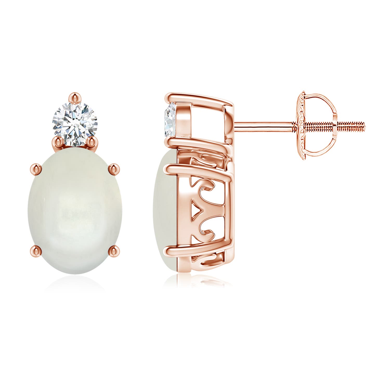 Basket-Set Oval Moonstone Stud Earrings with Diamond