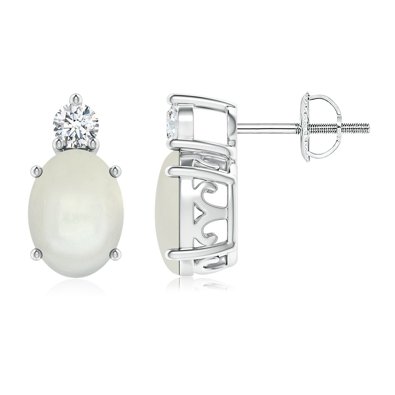 Basket-Set Oval Moonstone Stud Earrings with Diamond