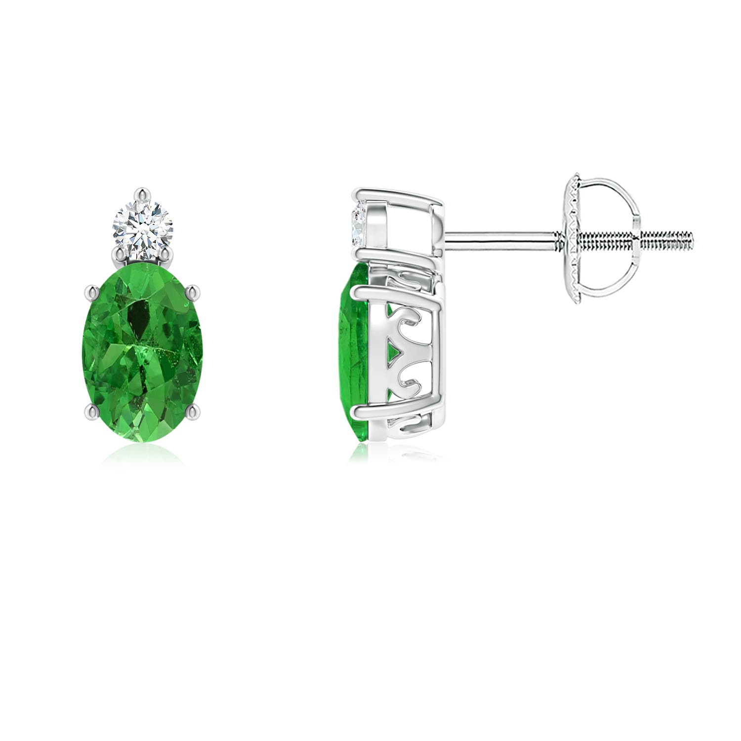 Basket-Set Oval Tsavorite Stud Earrings with Diamond
