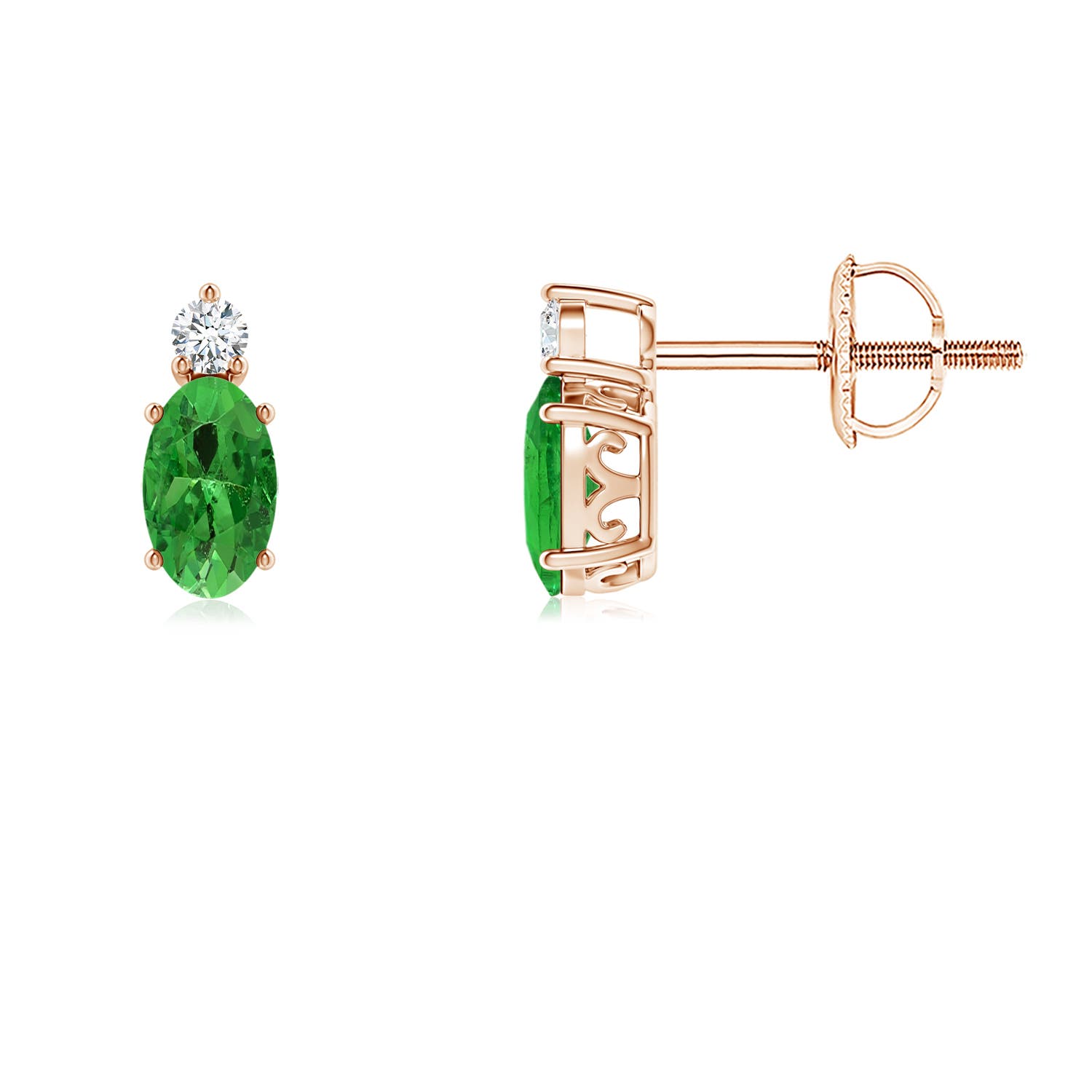 Basket-Set Oval Tsavorite Stud Earrings with Diamond