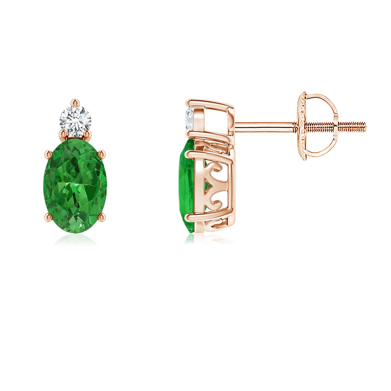 Basket-Set Oval Tsavorite Stud Earrings with Diamond