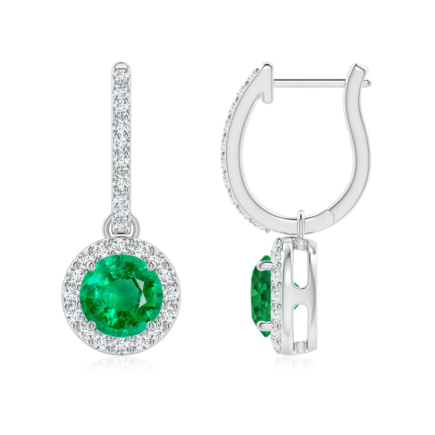 Round Emerald Dangle Earrings With Diamond Halo Angara Round Emerald Dangle Earrings With Diamond Halo
