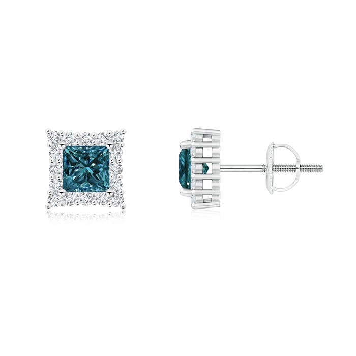 Princess-Cut Enhanced Blue Diamond Halo Stud Earrings
