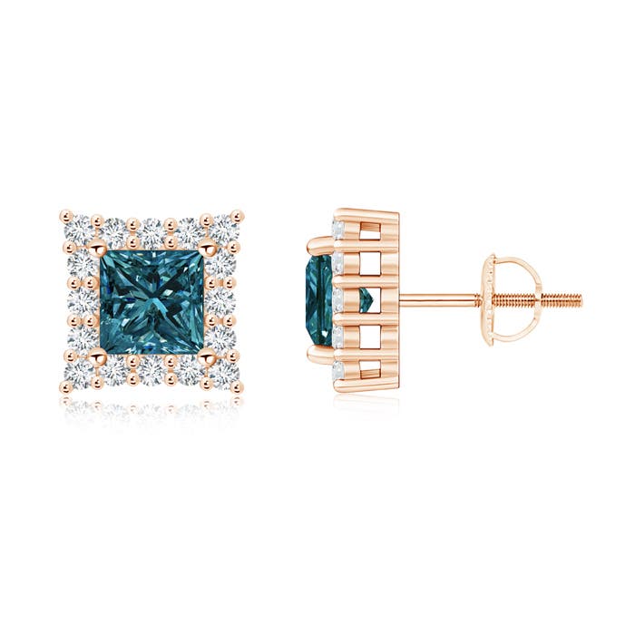 Princess-Cut Enhanced Blue Diamond Halo Stud Earrings