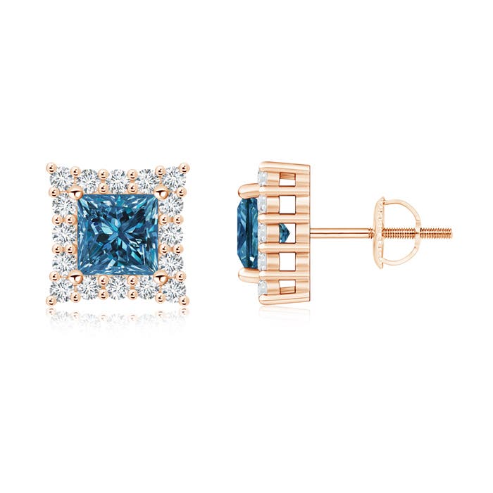 Princess-Cut Enhanced Blue Diamond Halo Stud Earrings