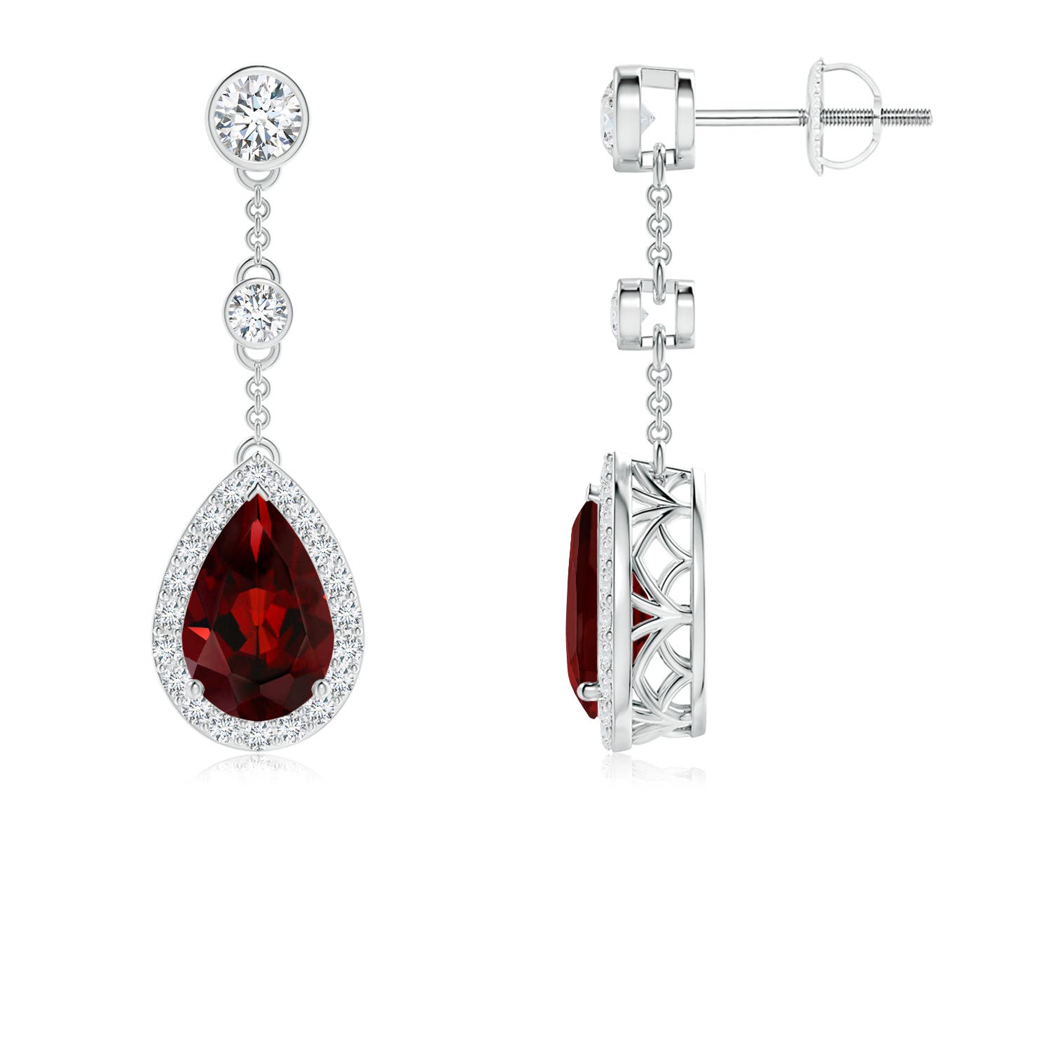 Vintage Style Pear Shaped Garnet Halo Drop Earrings Angara Garnet Halo Drop Earrings
