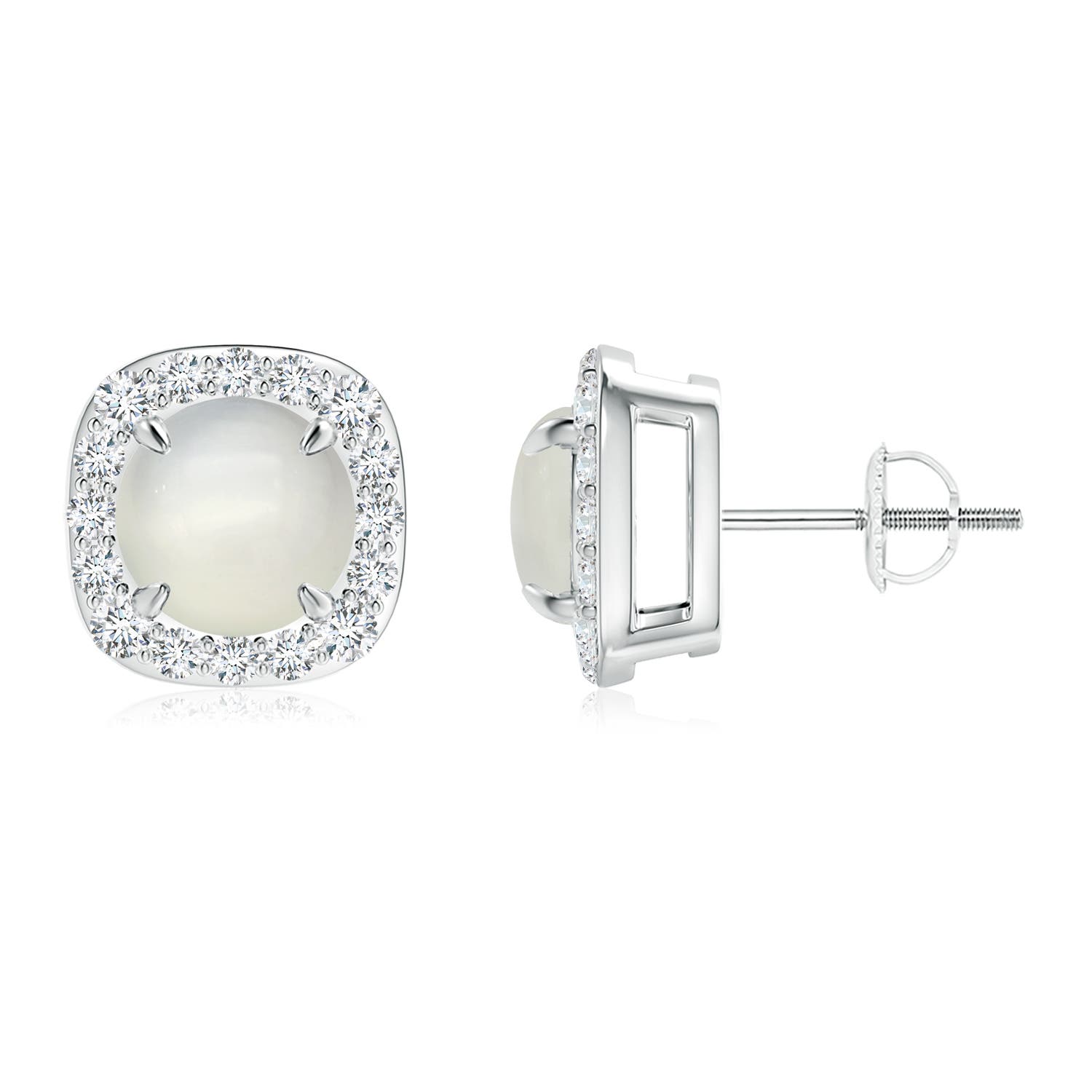 Claw-Set Moonstone and Diamond Cushion Halo Stud Earrings
