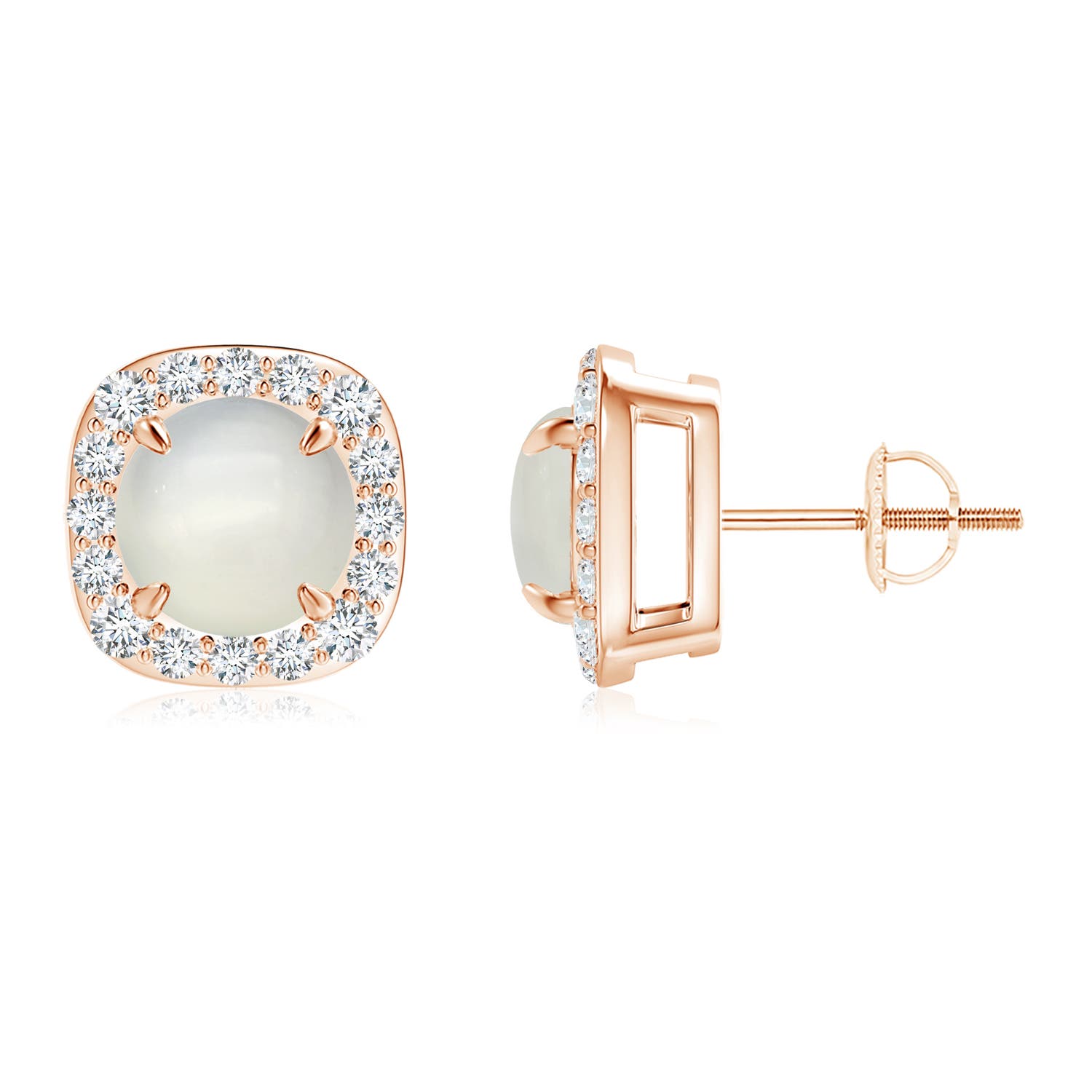 Claw-Set Moonstone and Diamond Cushion Halo Stud Earrings