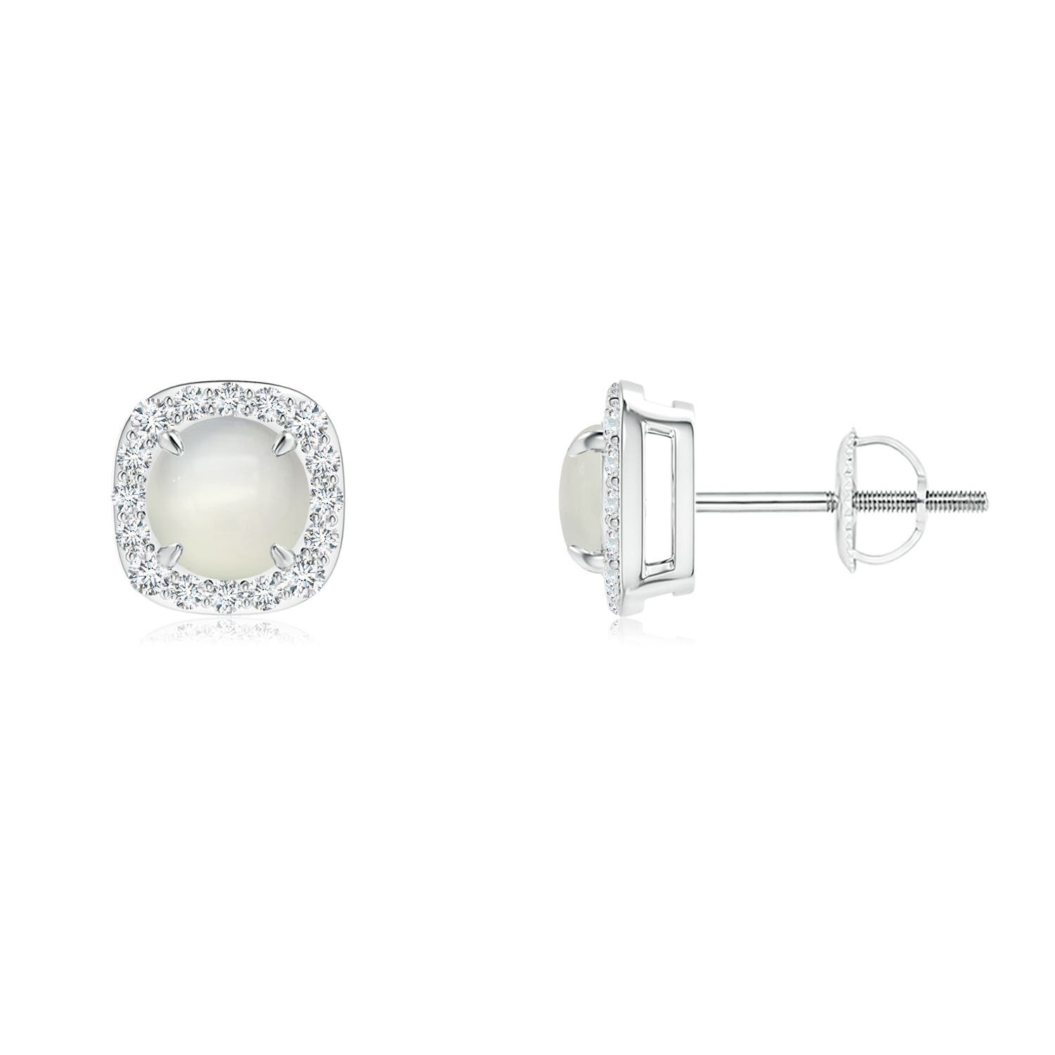 Claw-Set Moonstone and Diamond Cushion Halo Stud Earrings