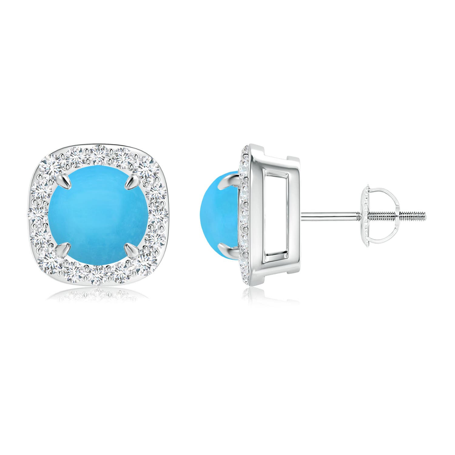 Claw-Set Turquoise and Diamond Cushion Halo Stud Earrings
