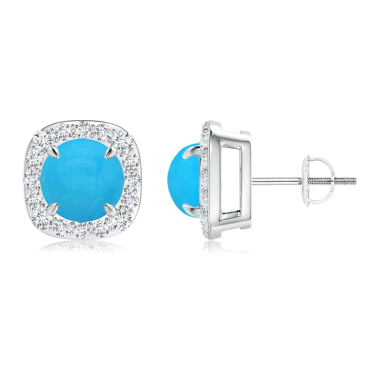 Claw-Set Turquoise and Diamond Cushion Halo Stud Earrings