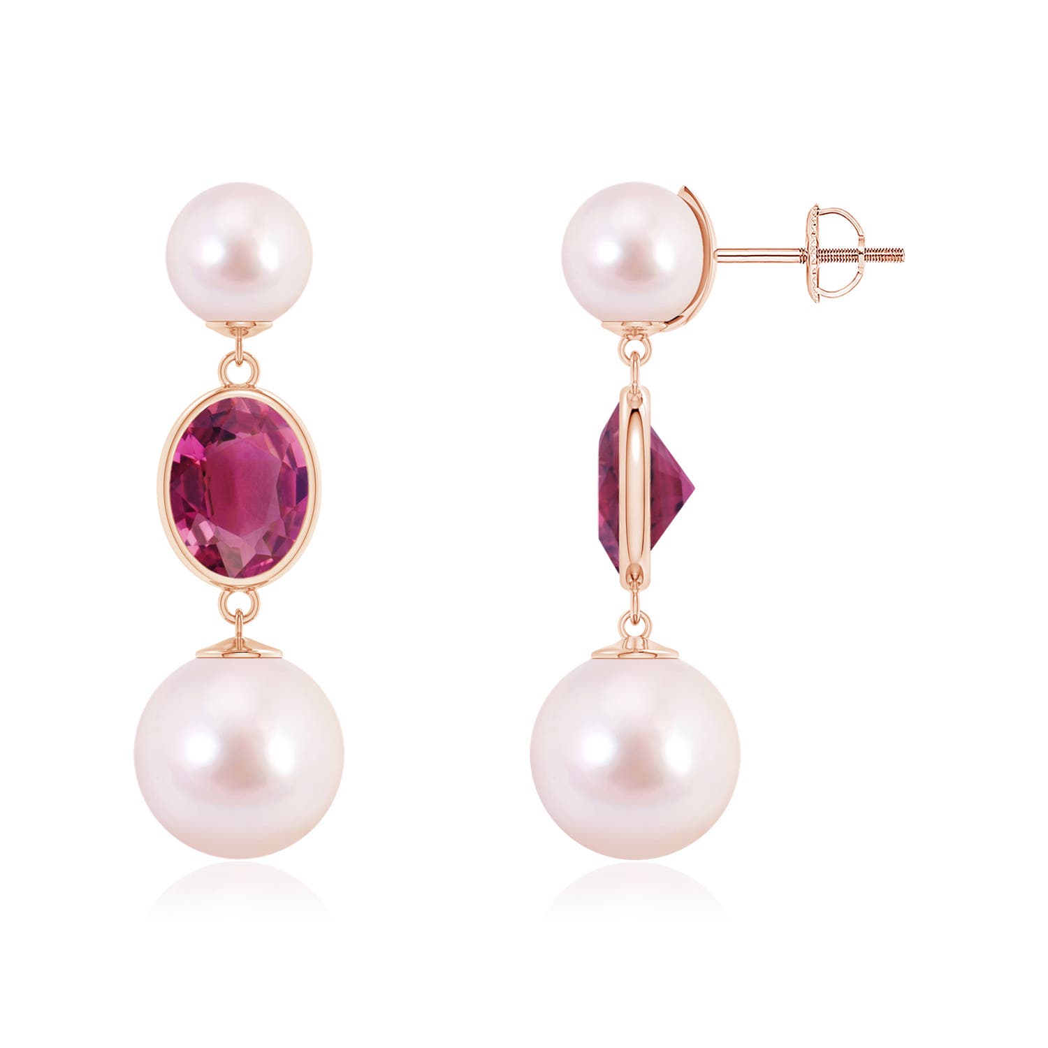 Akoya Cultured Pearl & Bezel-Set Pink Tourmaline Earrings