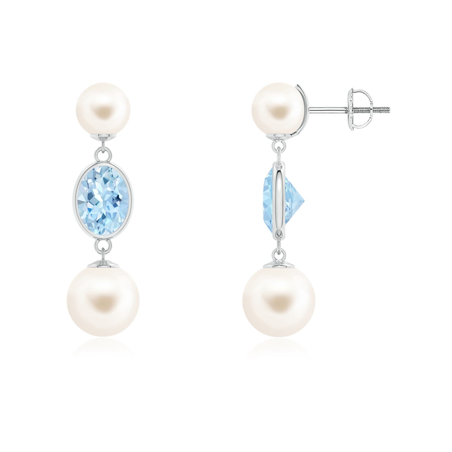 Freshwater Cultured Pearl & Bezel-Set Aquamarine Earrings
