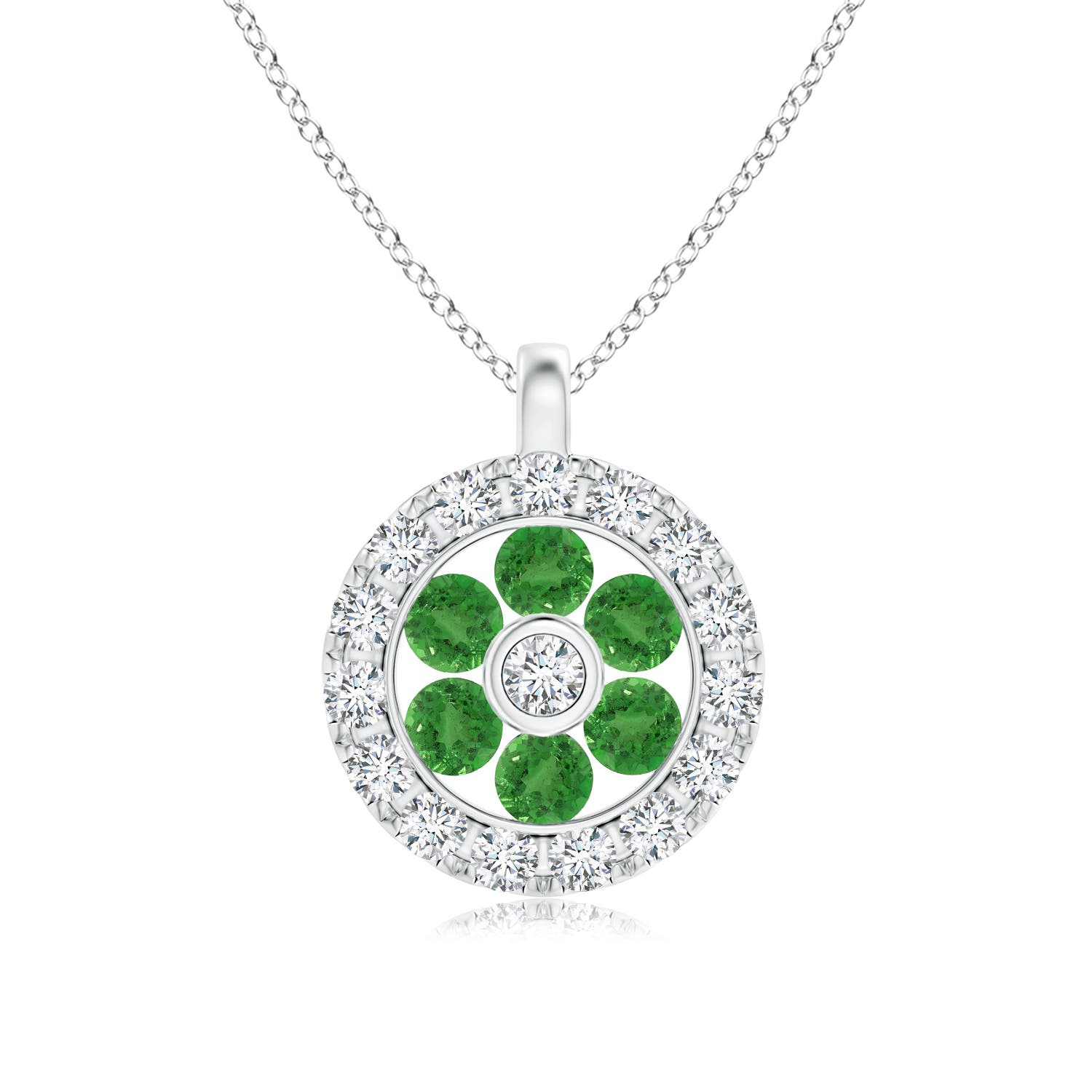 Channel-Set Tsavorite Flower Pendant with Diamond Halo