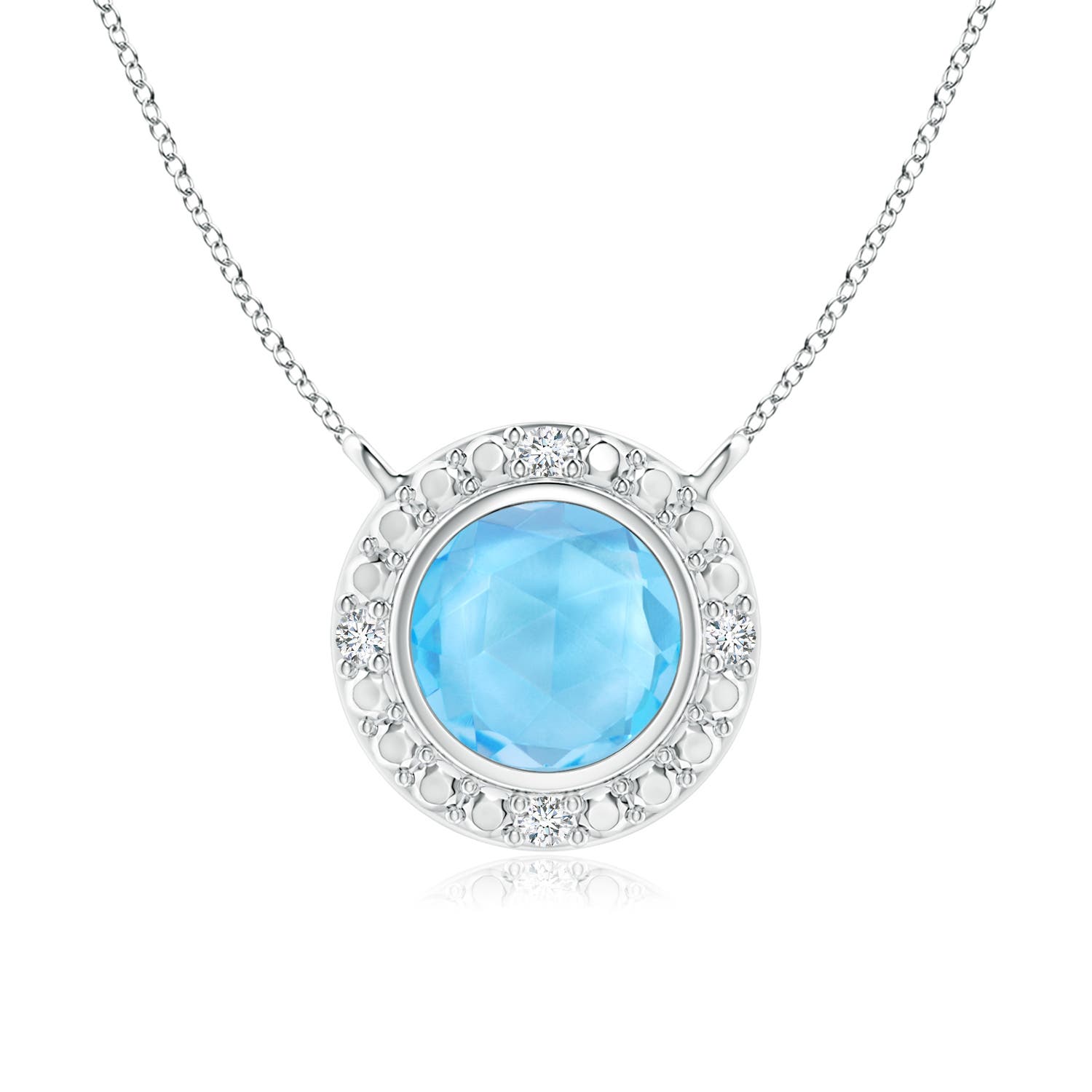 BezelSet Round Swiss Blue Topaz Necklace with Diamond Halo