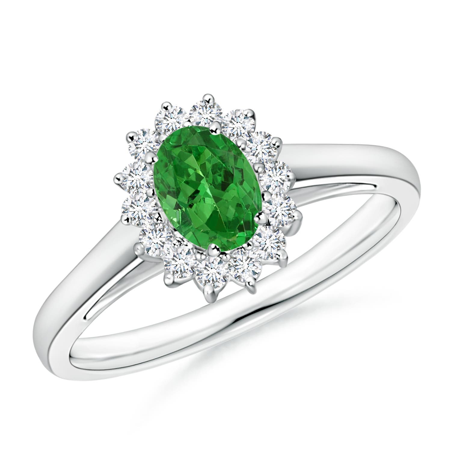 Princess Diana Inspired Tsavorite Ring with Diamond Halo