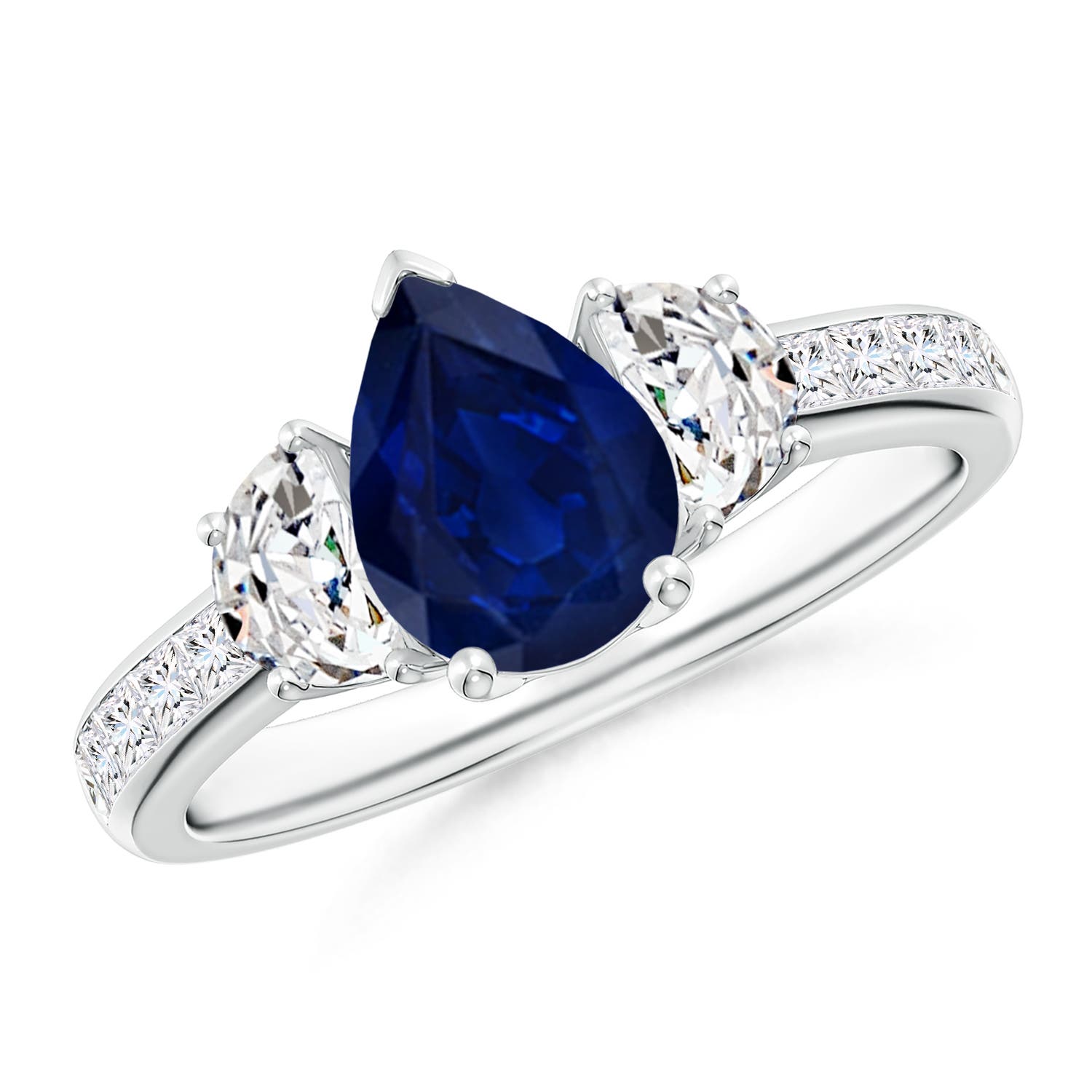 Pear-Shaped Sapphire Three Stone Ring with Diamonds