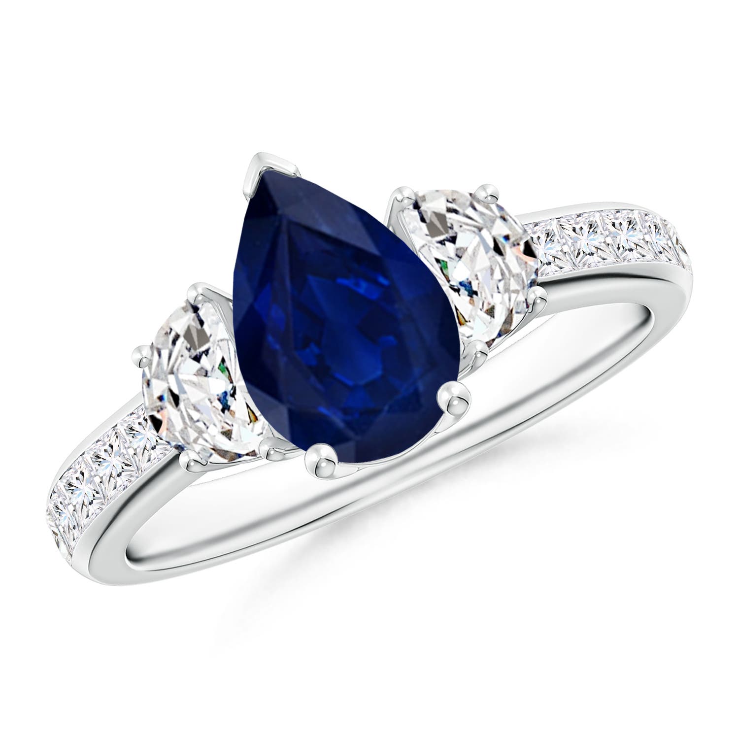 Pear-Shaped Sapphire Three Stone Ring with Diamonds