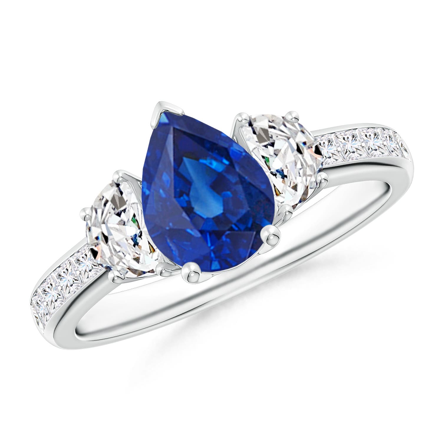 Pear-Shaped Sapphire Three Stone Ring with Diamonds