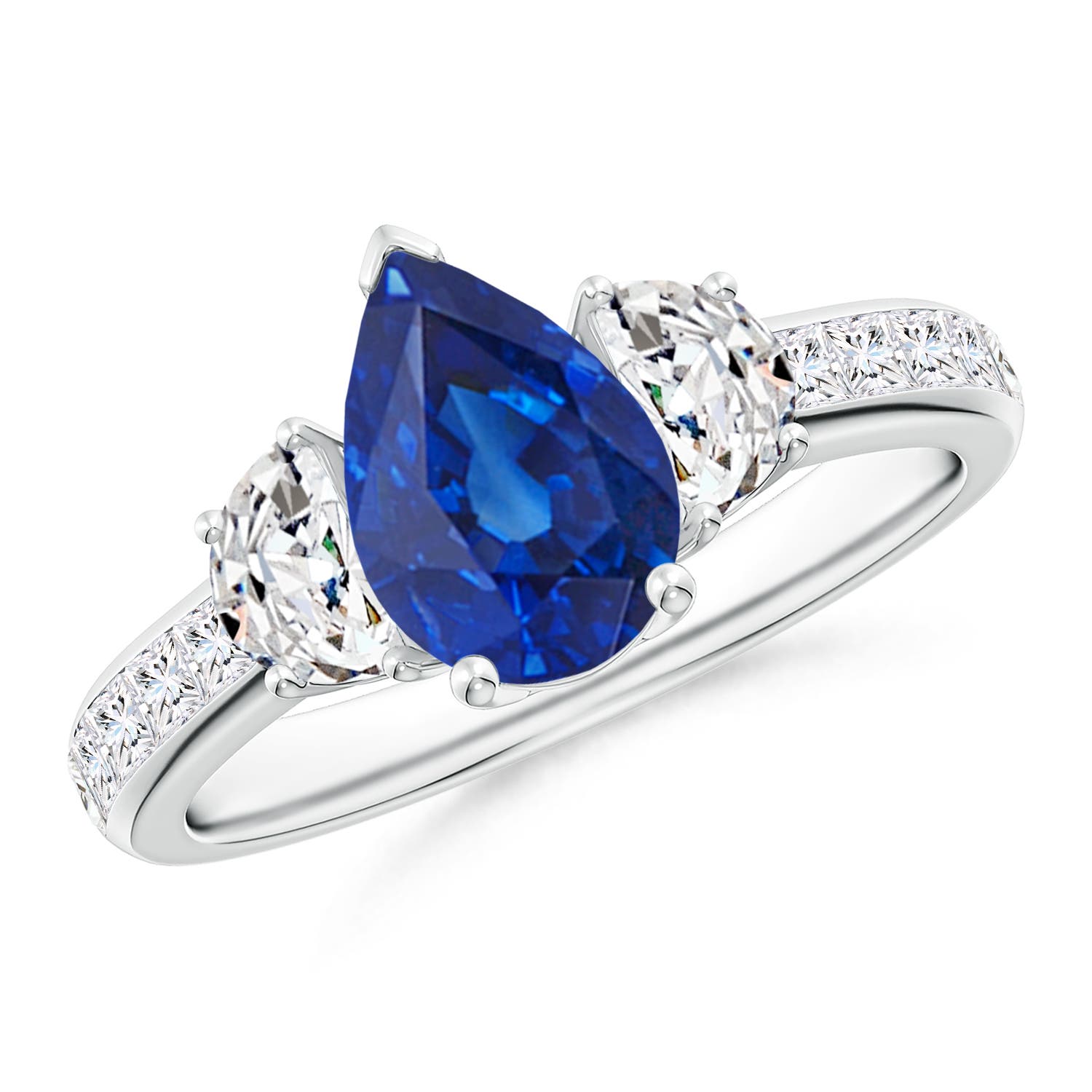 Pear-Shaped Sapphire Three Stone Ring with Diamonds