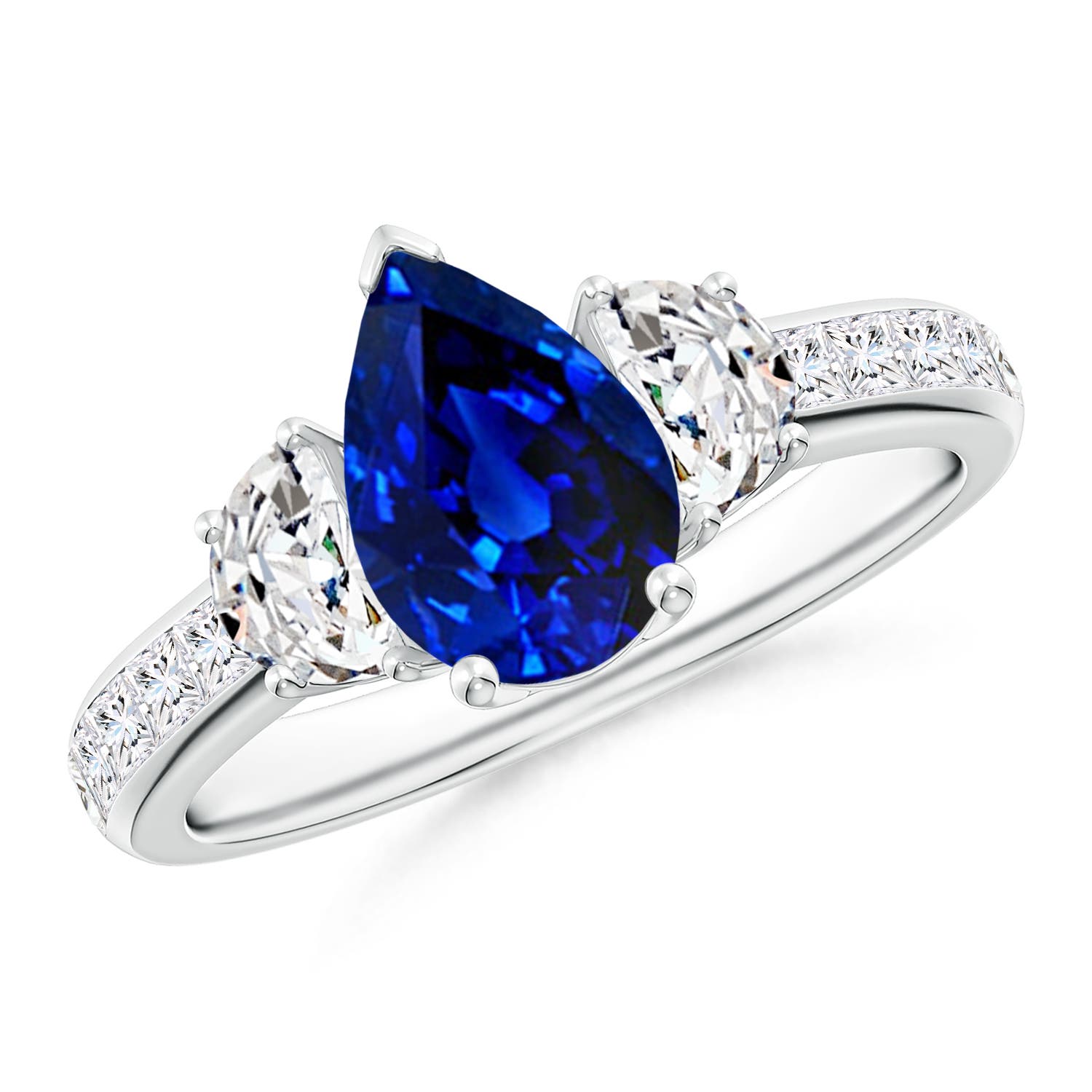 Pear-Shaped Sapphire Three Stone Ring with Diamonds