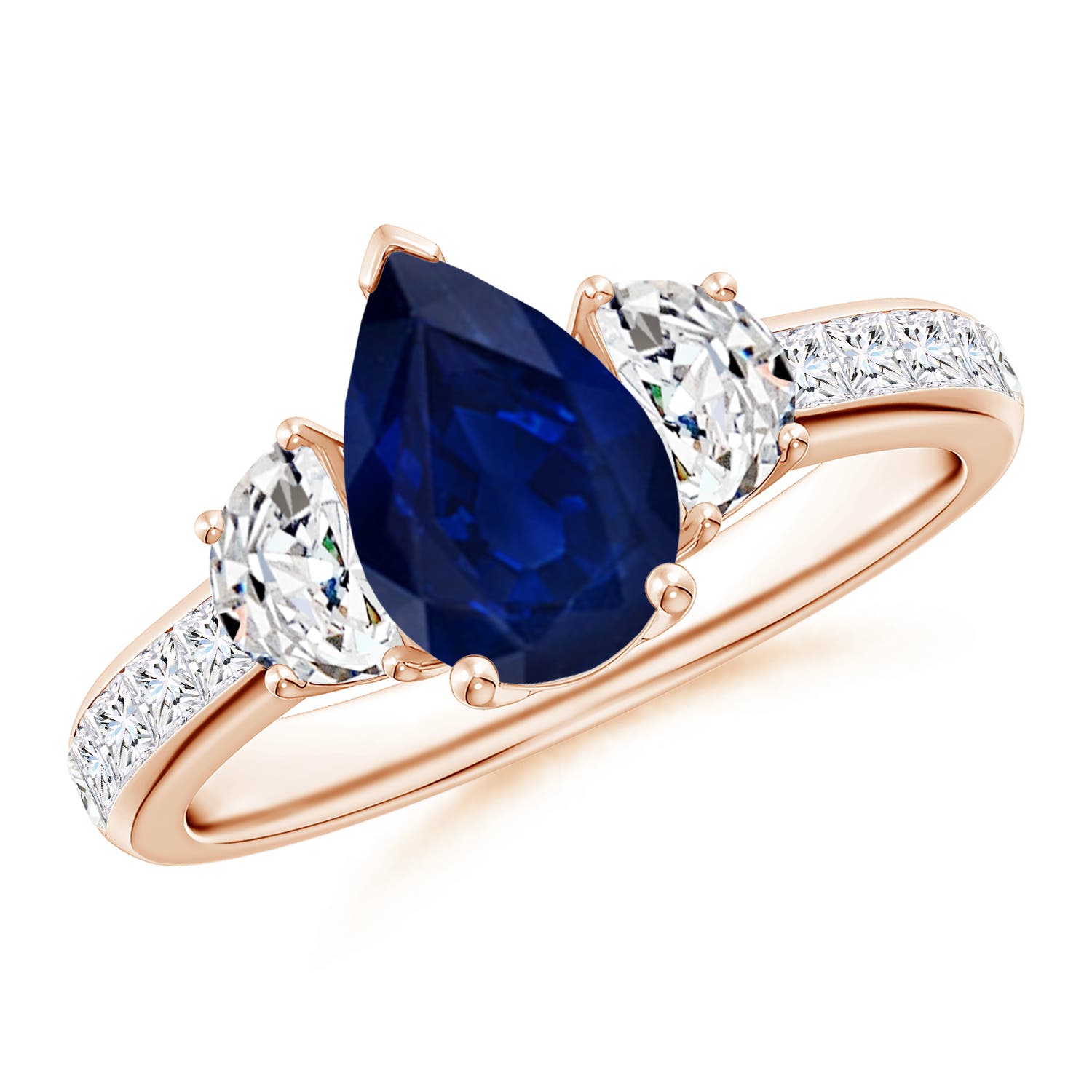 Pear-Shaped Sapphire Three Stone Ring with Diamonds