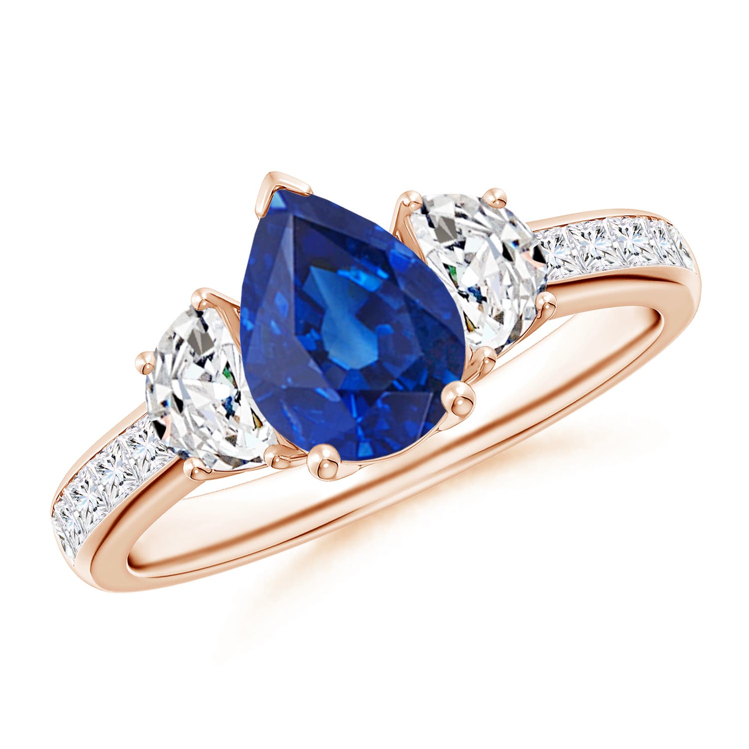 Pear-Shaped Sapphire Three Stone Ring with Diamonds