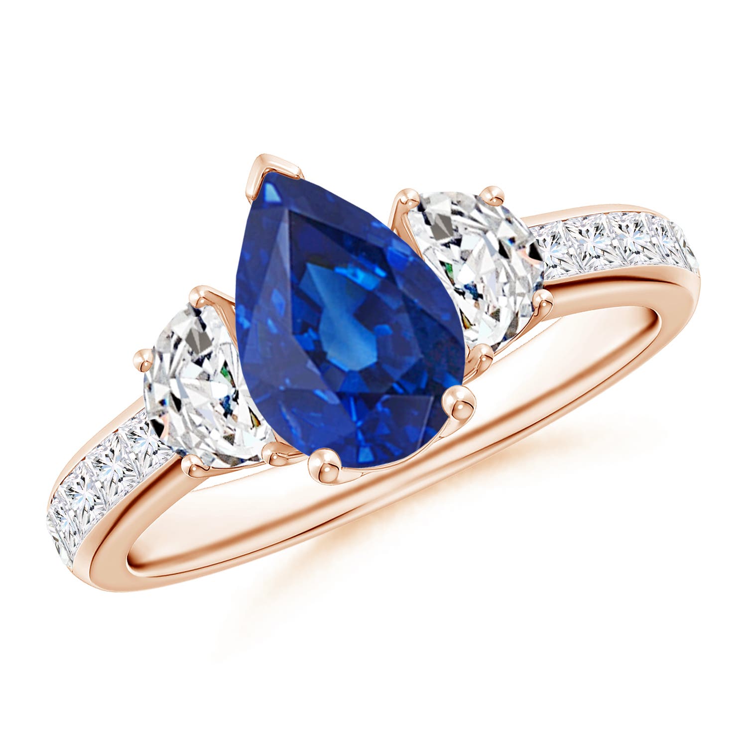 Pear-Shaped Sapphire Three Stone Ring with Diamonds
