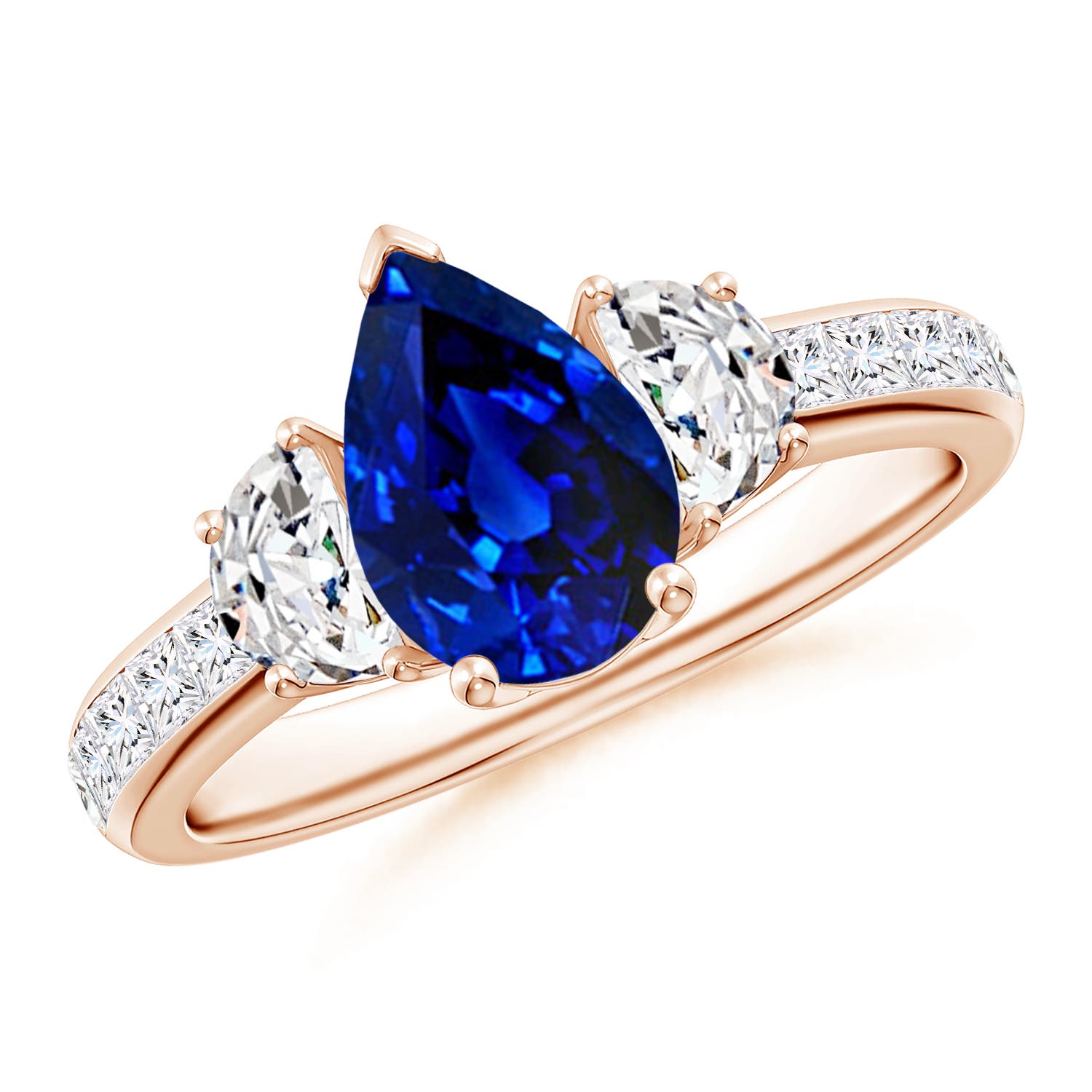 Pear-Shaped Sapphire Three Stone Ring with Diamonds