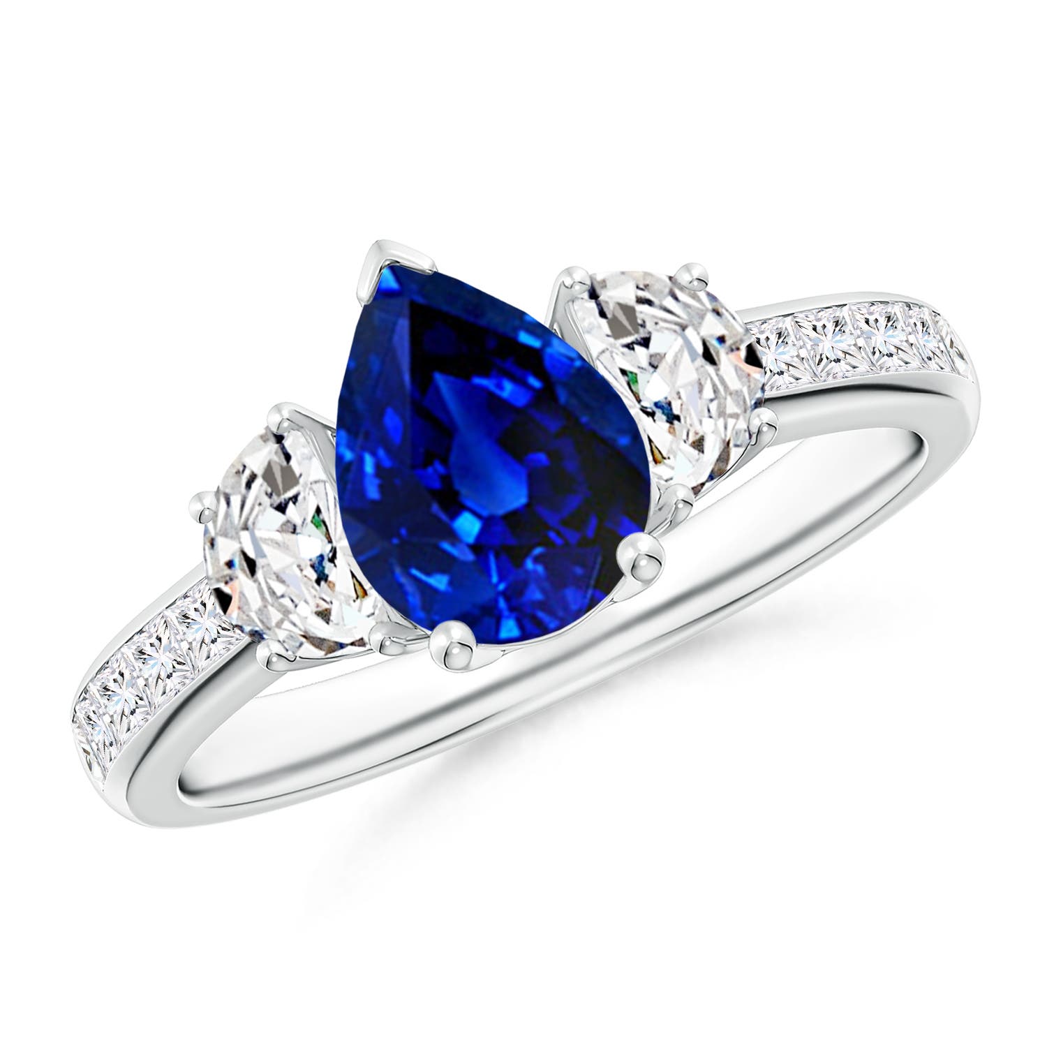Pear-Shaped Sapphire Three Stone Ring with Diamonds