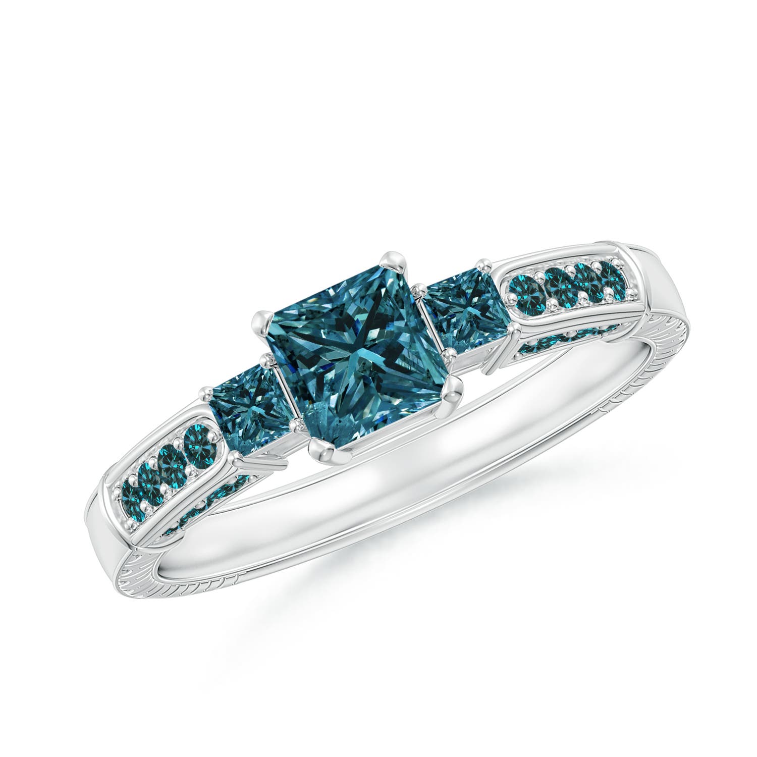 Princess-Cut Enhanced Blue Diamond Three Stone Ring