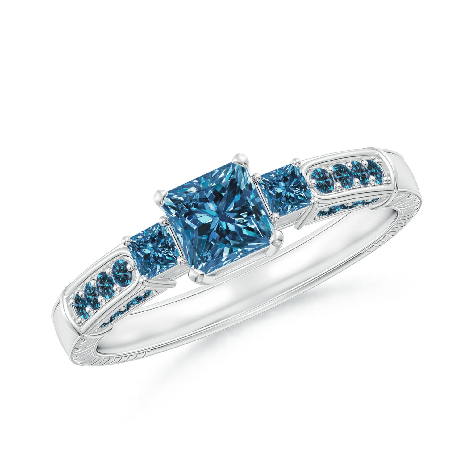 Princess-Cut Enhanced Blue Diamond Three Stone Ring